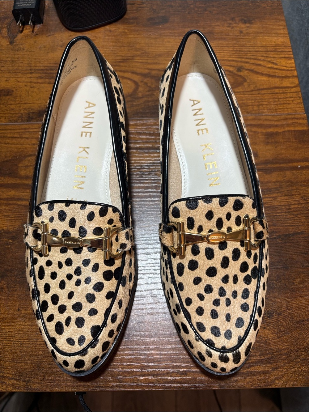 Anne Klein Dalmatian Spot Loafers in Beige and Black with Gold Hardware